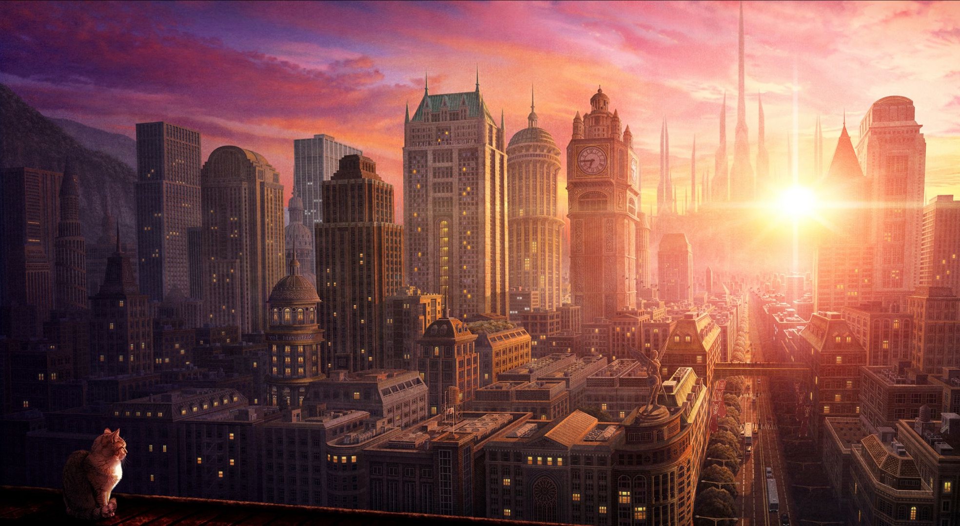 anime stadt haus architektur skyline wolkenkratzer stadt abend dämmerung reise turm sonnenuntergang urban himmel fluss licht büro innenstadt wahrzeichen reflexion