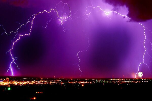 A thunderstorm with a storm is coming over the city