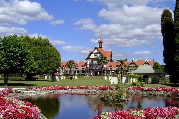 Beautiful house next to a pond