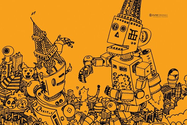 Robots de arte en una ciudad naranja fabulosa