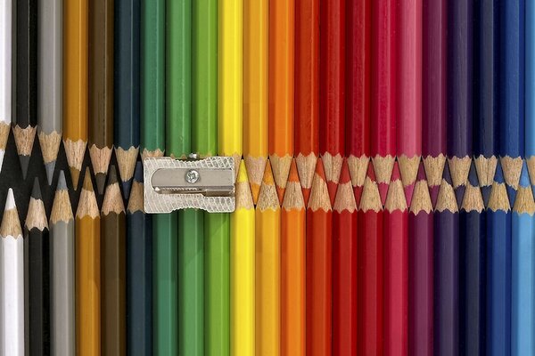 Colorful pencils and sharpener creativity