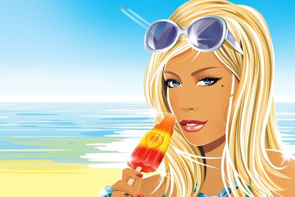 Ragazza che mangia gelato sullo sfondo del mare