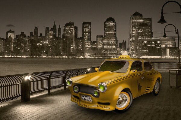 Taxi jaune dans la ville de nuit