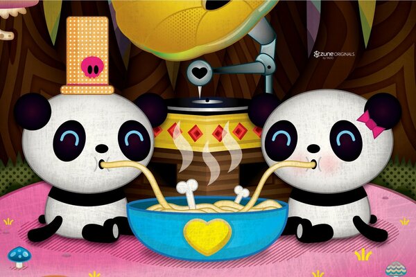 Gráficos vetoriais dois pandas comendo macarrão