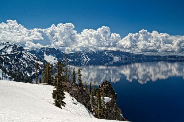 Lago de invierno en las montañas nevadas