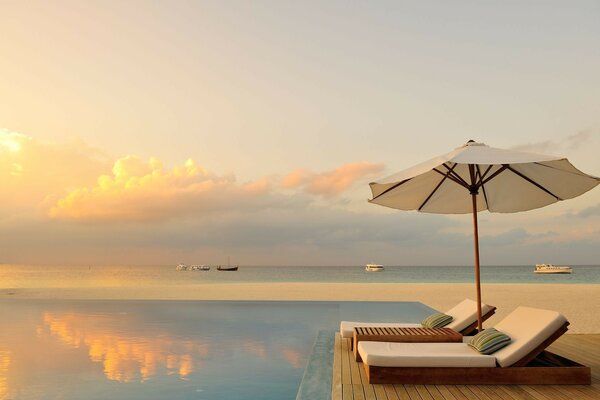 Sun loungers under an umbrella on a wooden platform