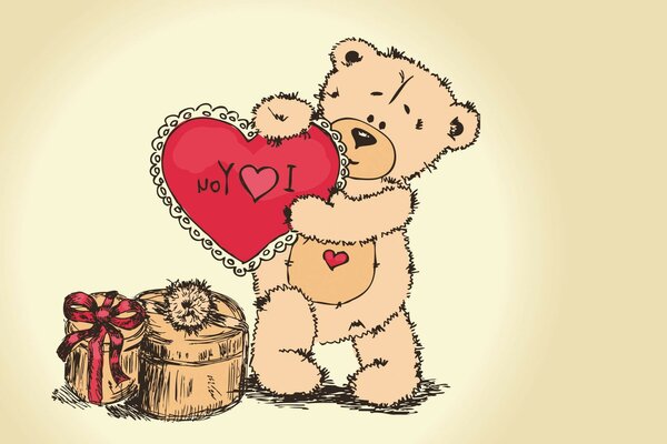 Beige teddy bear gently holds a red heart