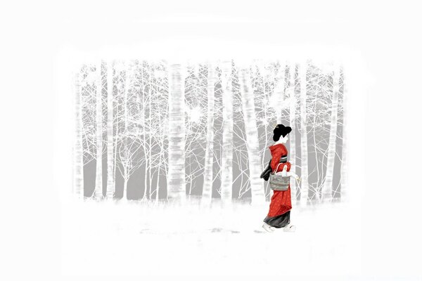 Japanese girl in the winter forest