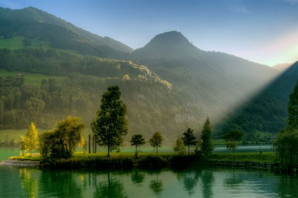 The falling rays of the sun on the forest and pond