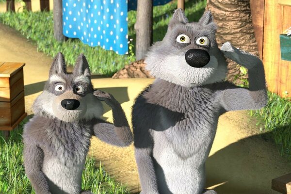 Deux loups 3D Cartoon montrent un geste drôle