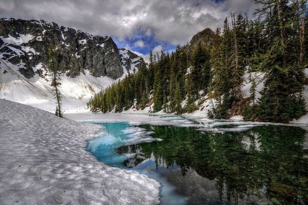 Paisaje de invierno. río, nieve, bosque de coníferas