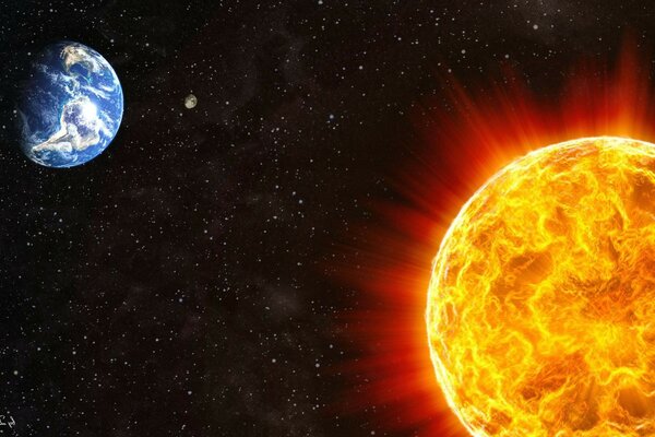 Planet Earth and the sun in space