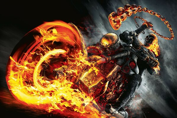 Ghost rider races on a motorcycle on fire