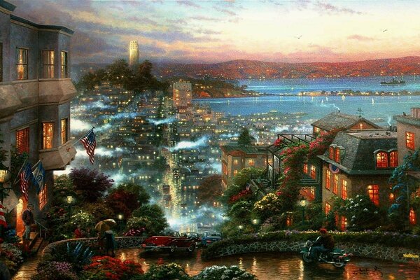 Thomas kinkade carretera ciudad niebla