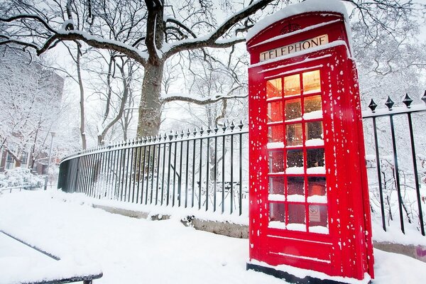 English-style telephone booth in winter