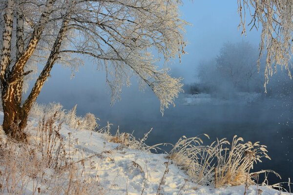 Winter landscape on the background of the river