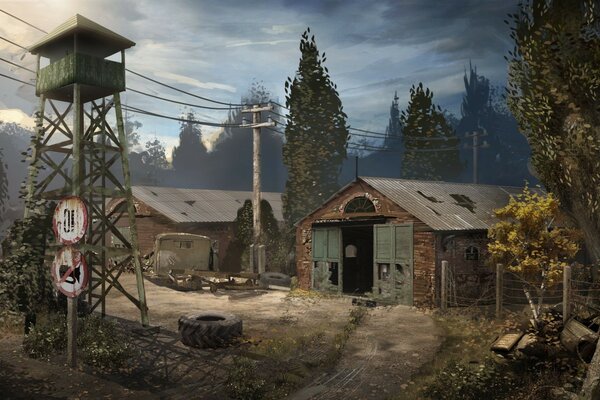 Observation tower. Wooden barn with gate