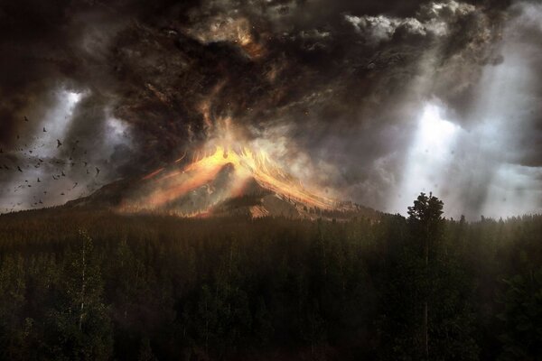 Éruption volcanique dans la forêt sombre