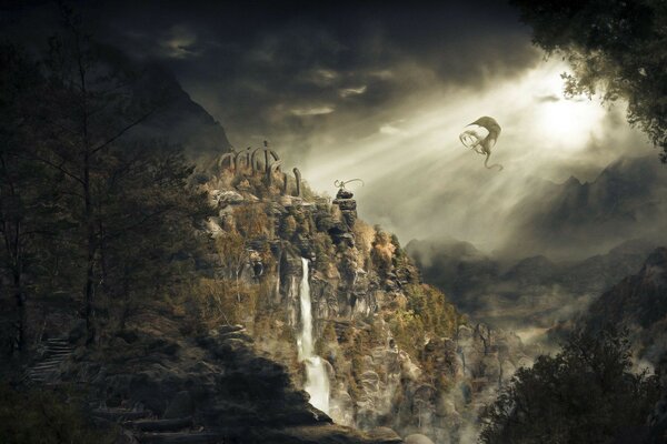 Cascade de paysage fantastique dans les montagnes