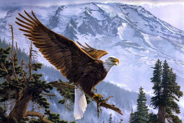 A formidable eagle in the snowy peaks