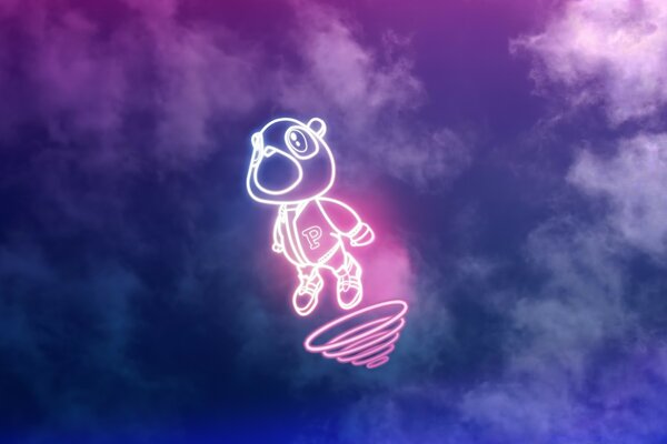 Neon bear flies across the night sky