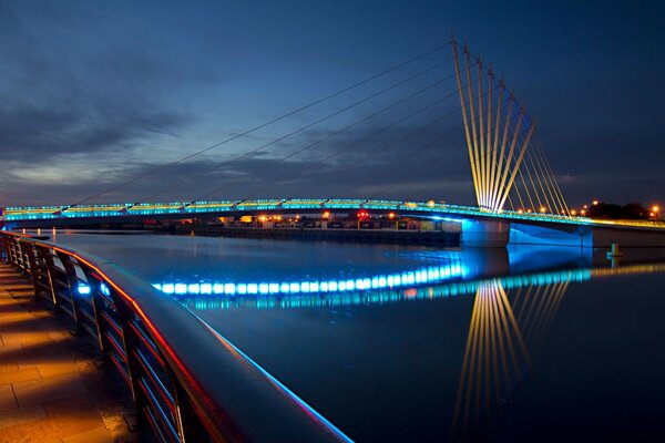 City evening bridge macro lights embankment railings