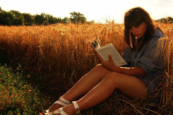 A menina com um livro aberto na borda de um campo de trigo