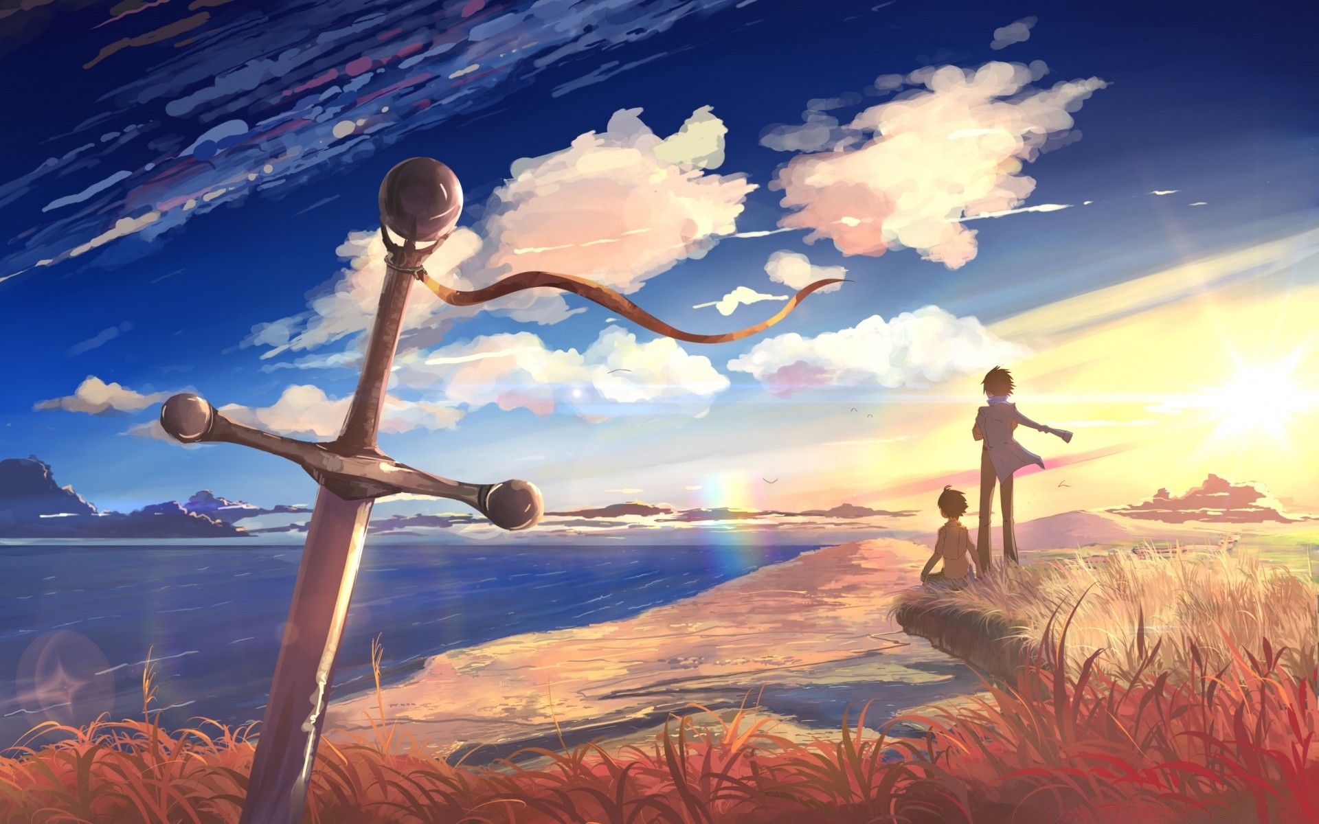 anime sky sunset dawn sun landscape water evening light outdoors travel