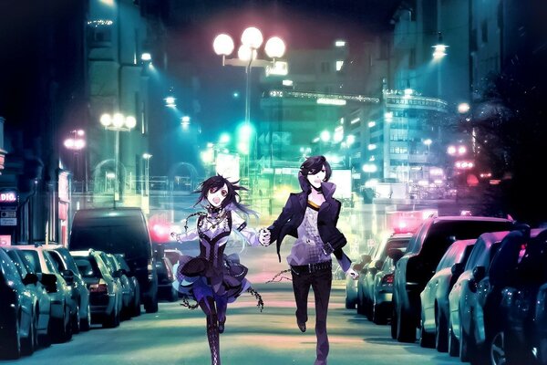 Two anime girls run through the night city