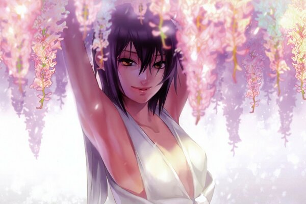 Anime girl under a flowering tree