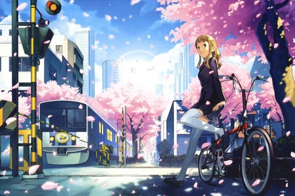 Menina anime perto da bicicleta