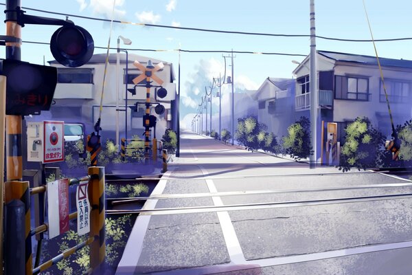 An image of a railway crossing in the anime style