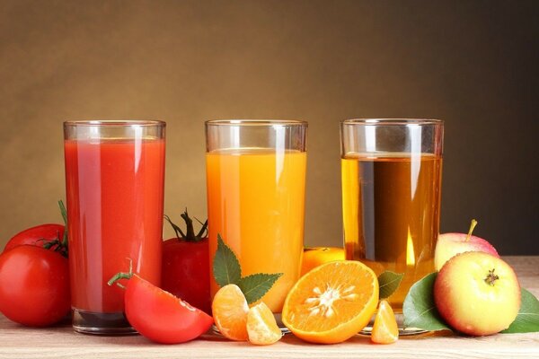 Three juices in glass glasses