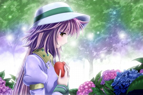 Anime girl debout dans le jardin avec coeur