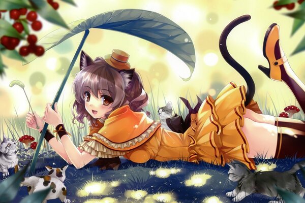 Schöner Anime unter einem Regenschirm auf dem Boden