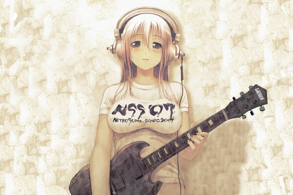 Anime Mädchen mit Gitarre und Kopfhörer