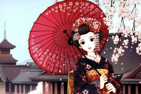 Eine Geisha im Anime-Stil auf einem Sakura-Hintergrund