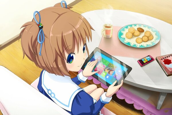 Anime girl à table avec tablette