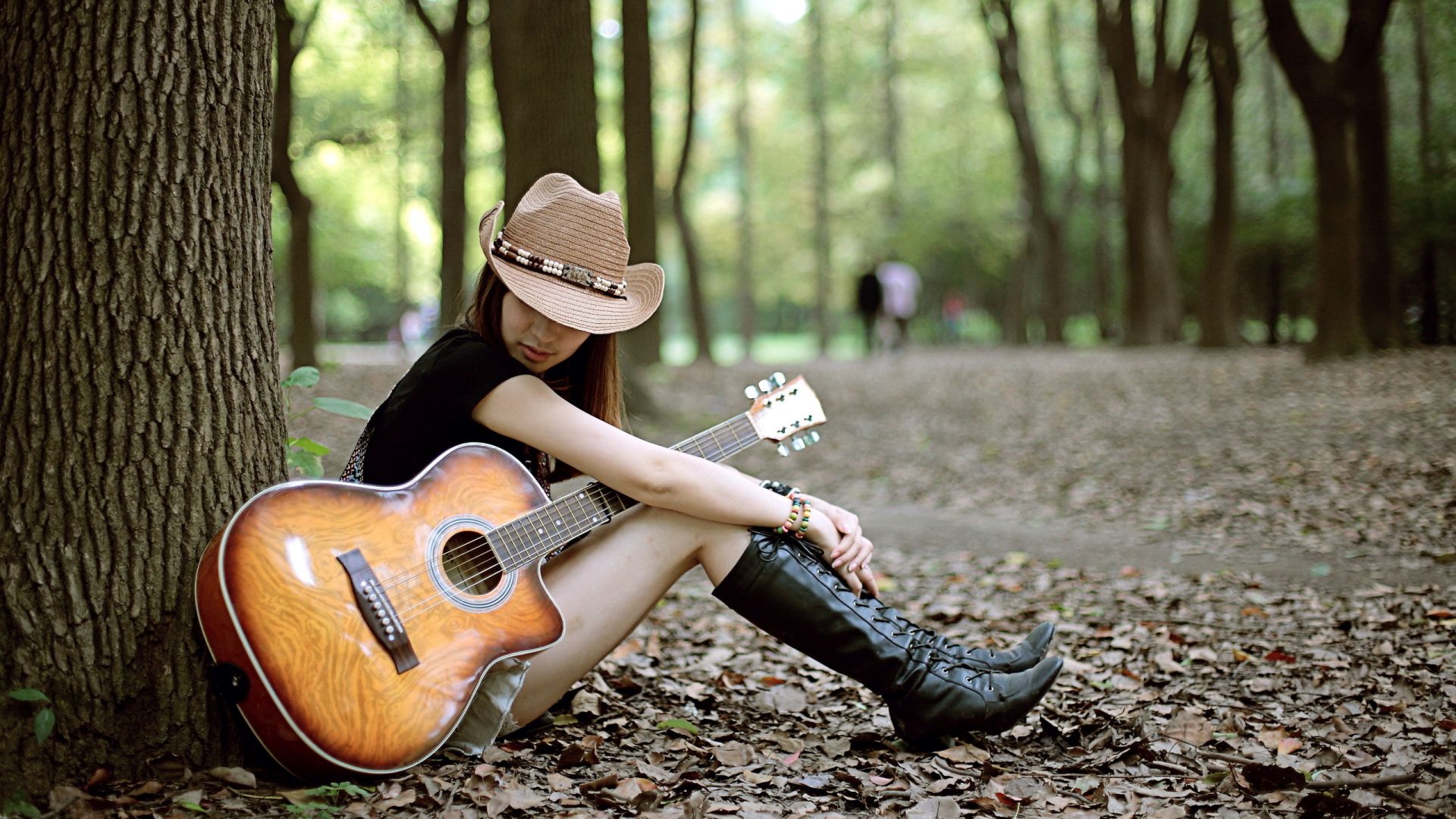 people wood one park outdoors adult girl leisure woman recreation nature tree daylight guitar