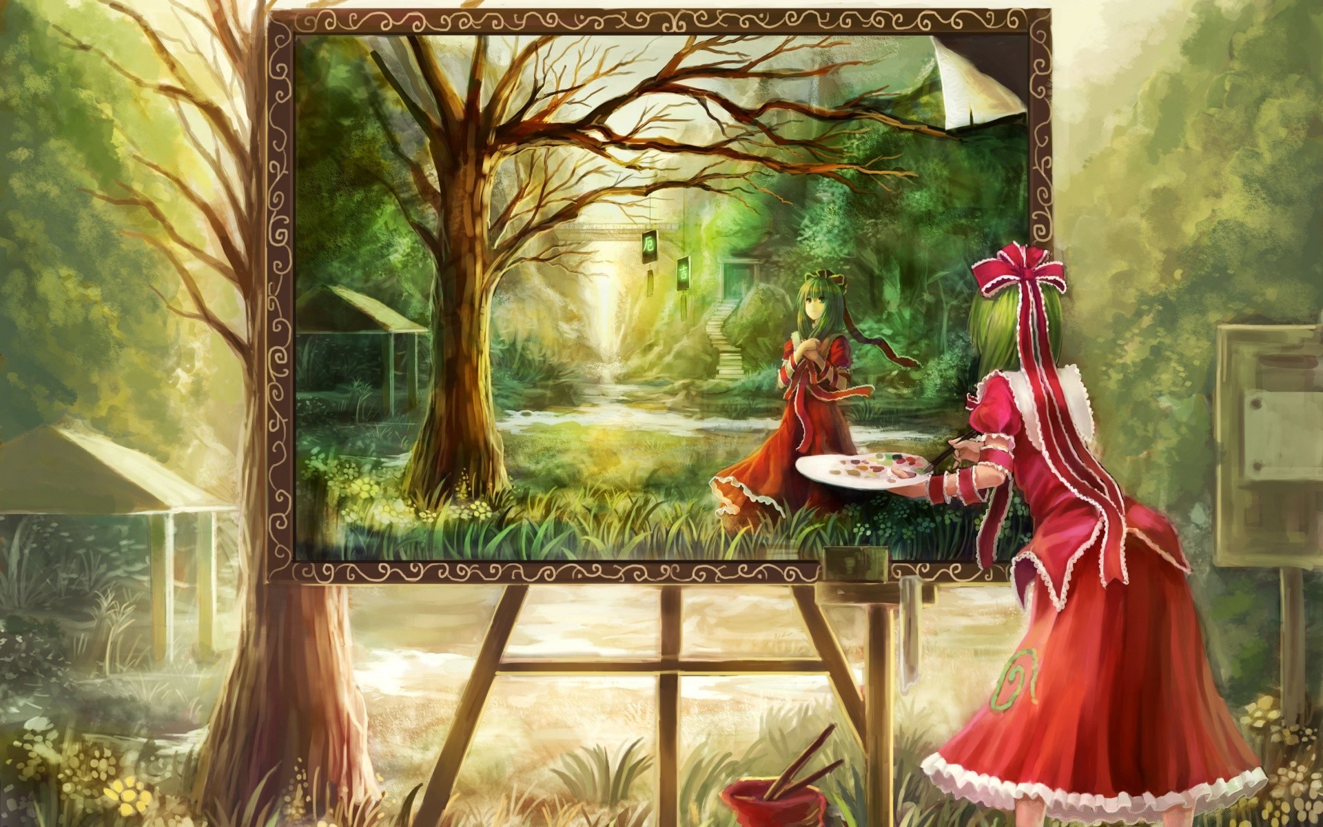 anime art tree illustration wood painting window leaf