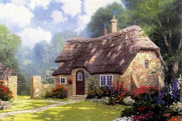 Cottage in the forest cottage summer Thomas Kinkade thoma