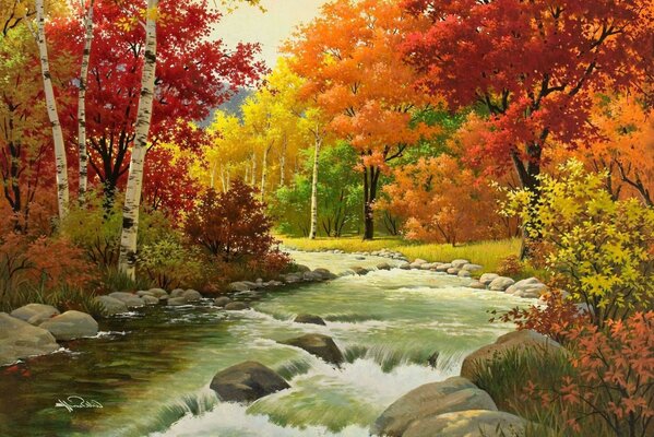 Pittura foresta autunnale e fiume di montagna