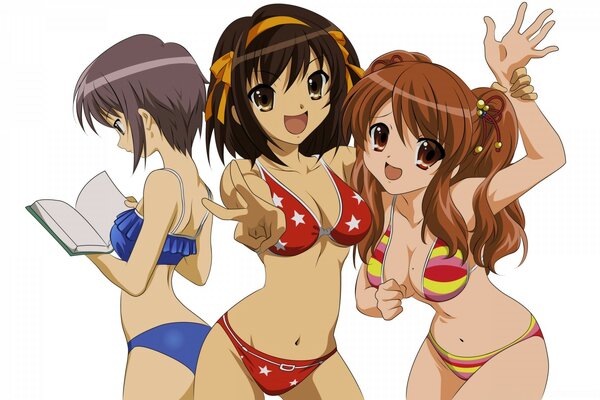 Tres chicas en trajes de baño de anime