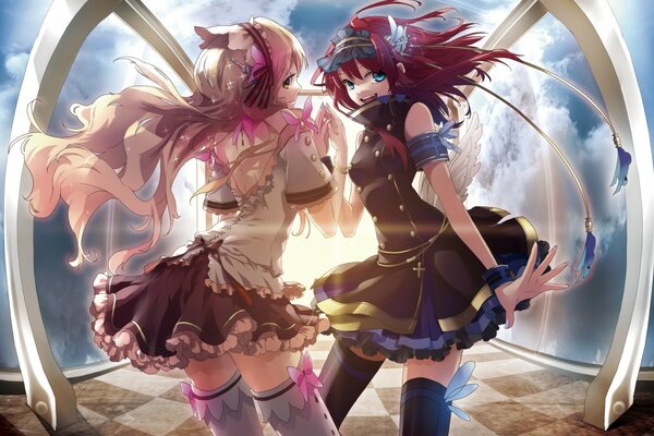 Dos heroínas de anime en vestidos cortos y medias, con el pelo ondeando