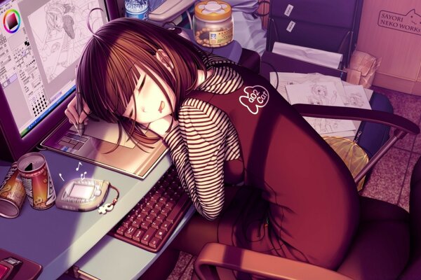 Drawing of a girl who was drawing on a Twitter account, tired and fell asleep