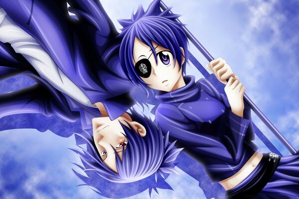 Personajes de anime de pelo azul en trajes azules contra el cielo