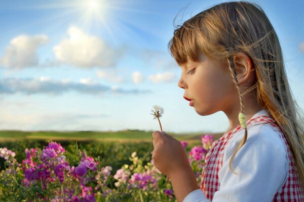 Девочка дующая на одуванчик в поле
