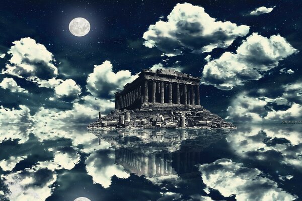 Tempel auf dem Hintergrund von Himmel und Mond