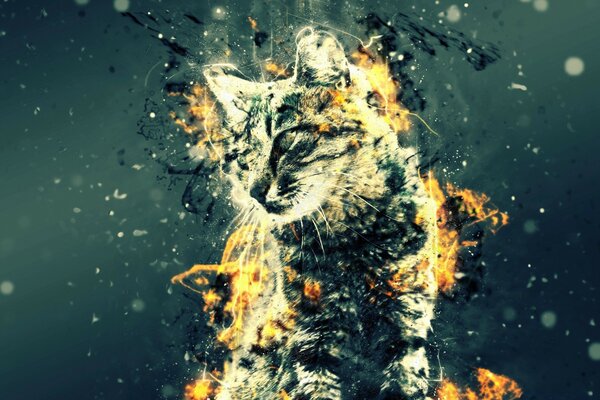 Katze auf einem kreativen Hintergrund mit Feuer- und Blendelementen