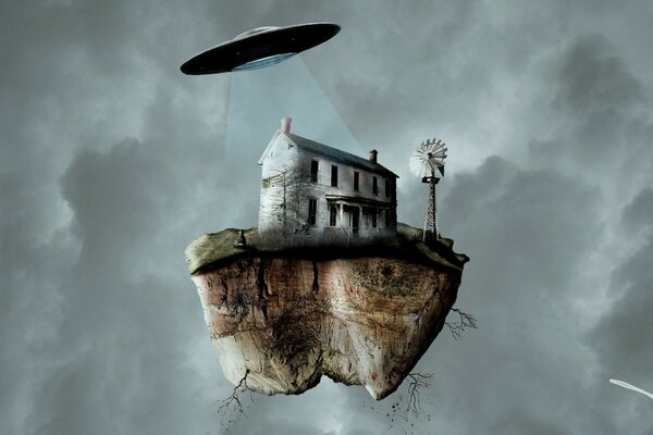 A flying saucer swallows a house gone with the wind